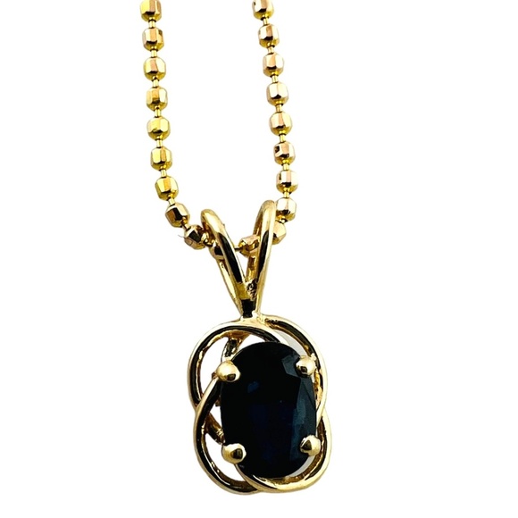 14K Yellow Gold Bead Chain Oval Natural Sapphire Pendant Necklace #15625 - Picture 1 of 9